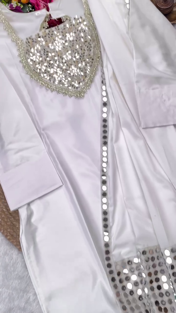 Elegant White Straight-Cut Kurta Set with Intricate Mirror Work Detailing on Neckline and Hem – Sophisticated Festive and Ethnic Wear for Daytime Celebrations, Haldi, or Minimalist Occasions - Image 2