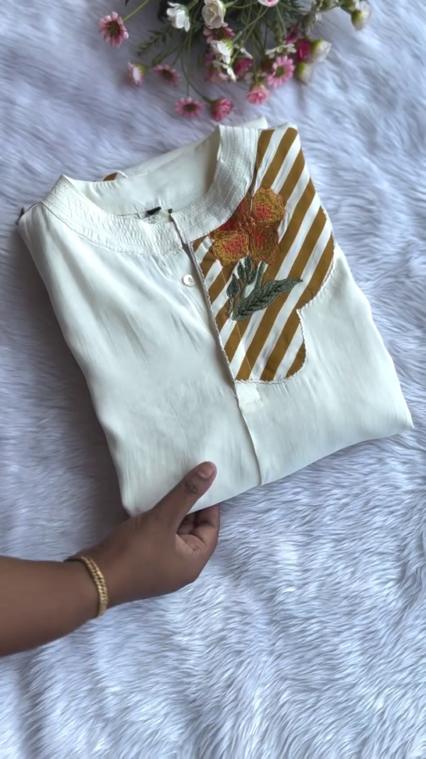 White Cotton Kurti Set with Mustard Striped Pants & Floral Embroidery – Casual Ethnic Wear for Summer