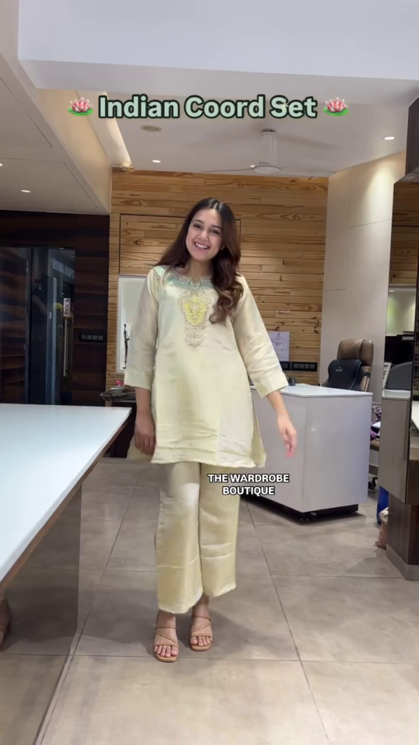 Elegant Cream Silk Coord Set with Delicate Embroidery – A Versatile and Stylish Outfit from The Wardrobe Boutique, Perfect for Festive Gatherings