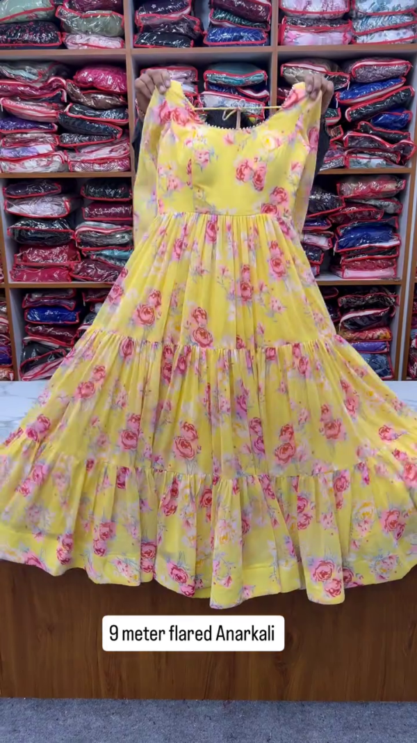 Sun-Kissed 9-Meter Flared Yellow Anarkali Set with Rose Print – Ideal for Haldi & Festive Twirls - Image 2
