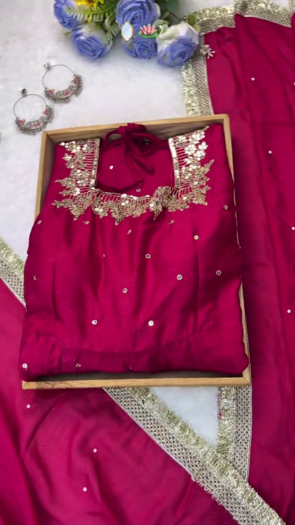 Rich Wine Pink Ethnic Kurta Set with Intricate Golden Embroidery on Neckline and Sleeves – Featuring Delicate Sequins and Thread Detailing for a Regal