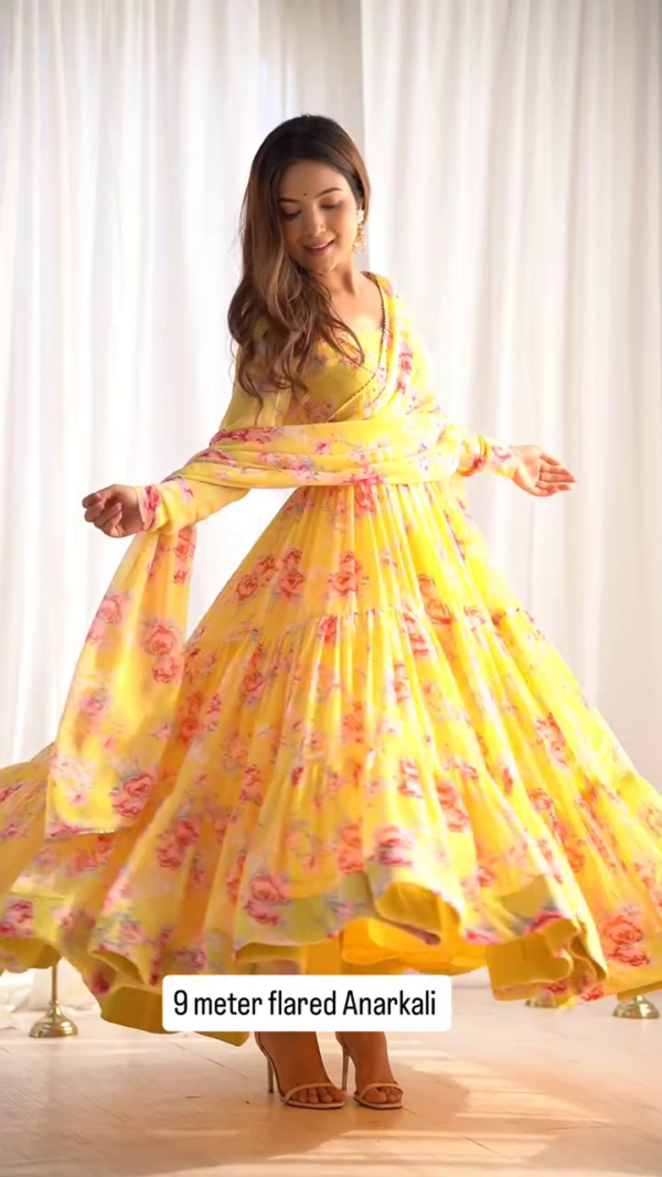 Sun-Kissed 9-Meter Flared Yellow Anarkali Set with Rose Print – Ideal for Haldi & Festive Twirls