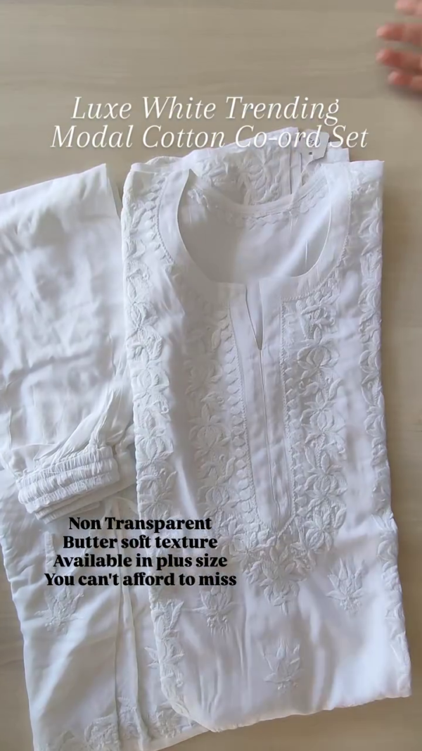 Luxe White Elegance – Trending Modal Cotton Co-ord Set in Pristine White, Featuring Intricate Tone-on-Tone Embroidery and a Soft, Breathable Fabric for a Timeless Summer Staple. - Image 2