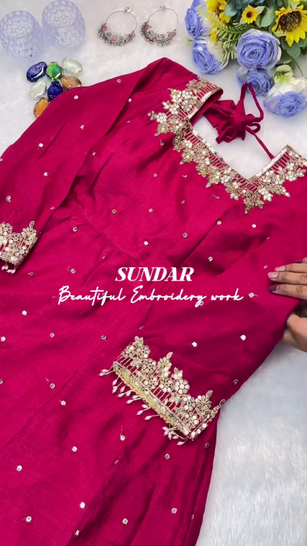 Rich Wine Pink Ethnic Kurta Set with Intricate Golden Embroidery on Neckline and Sleeves – Featuring Delicate Sequins and Thread Detailing for a Regal - Image 2