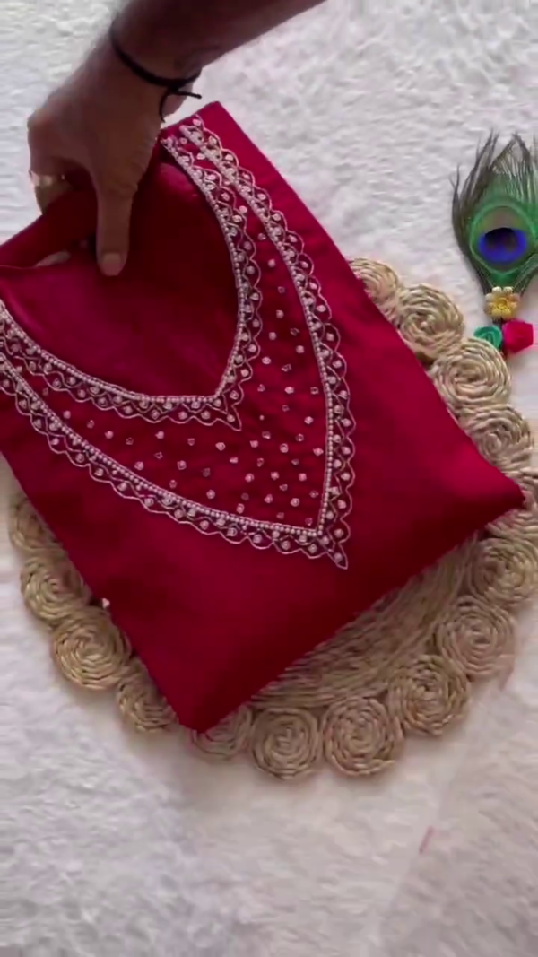 Deep Maroon Embroidered Kurta Set with Printed Organza Dupatta – Rich Festive Ensemble in Silk Blend
