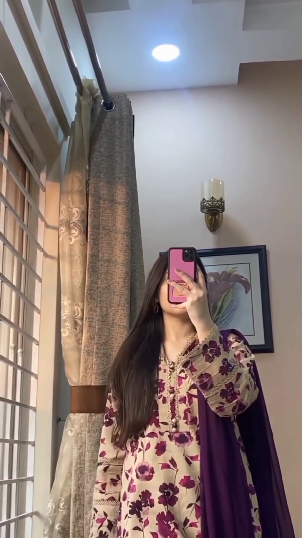 Beige Straight-Cut Suit Adorned with Deep Plum Floral Prints and Lace Detailing – Paired with a Solid Matching Dupatta for a Graceful, Everyday Ethnic Look Blending Comfort with Feminine Charm - Image 2
