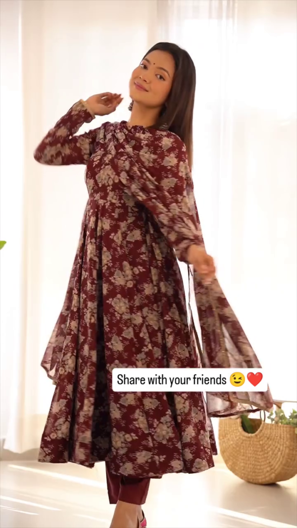 Elegant Maroon Floral Print Anarkali Kurta Set with Dupatta and Matching Pants – Full Sleeve Ethnic Dress for Festive, Casual & Everyday Wear