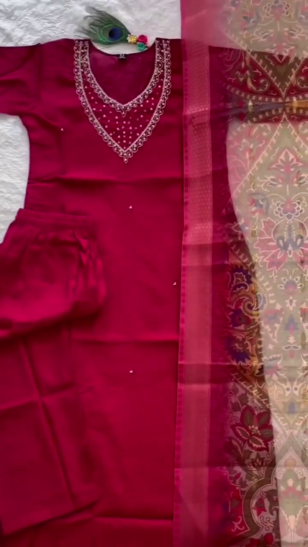 Deep Maroon Embroidered Kurta Set with Printed Organza Dupatta – Rich Festive Ensemble in Silk Blend - Image 2