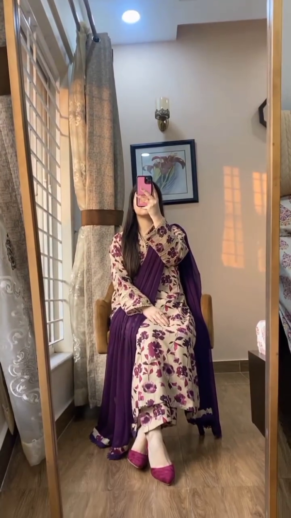 Beige Straight-Cut Suit Adorned with Deep Plum Floral Prints and Lace Detailing – Paired with a Solid Matching Dupatta for a Graceful, Everyday Ethnic Look Blending Comfort with Feminine Charm