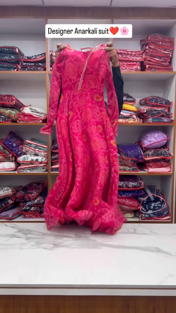 Vibrant Pink Designer Anarkali Suit with Intricate Ethnic Print and Flowing Dupatta – Full-Length Flared Silhouette for Festive and Wedding Celebrations - Image 2