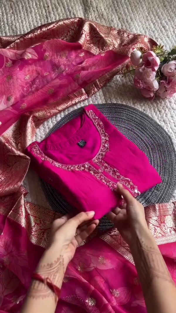 Fuchsia Pink Silk Kurta Set with Mirror Work & Banarasi Dupatta – Regal Traditional Attire with Golden Zari Detailing