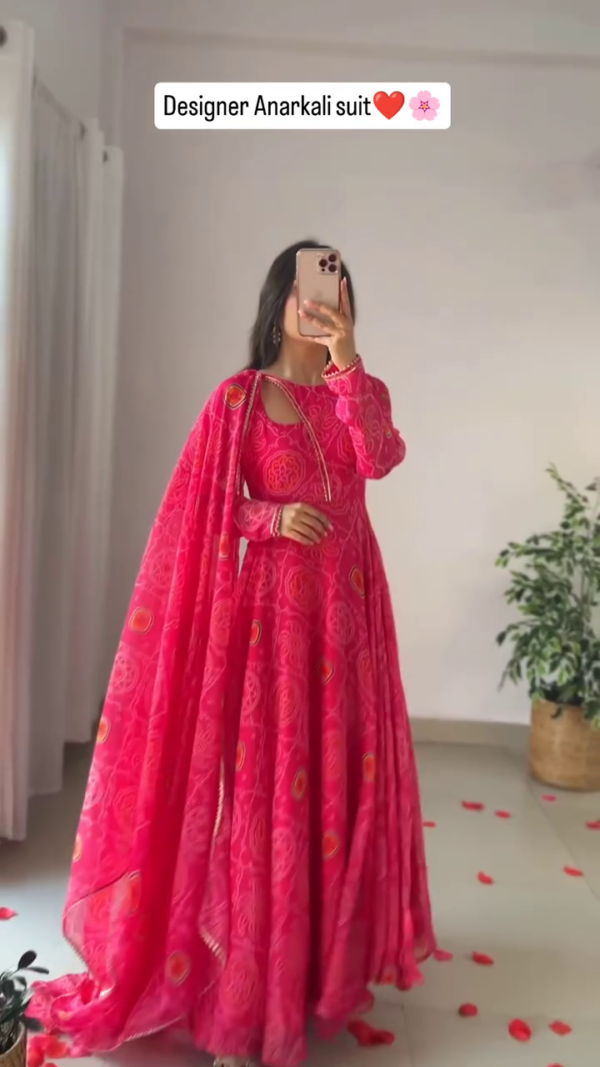 Vibrant Pink Designer Anarkali Suit with Intricate Ethnic Print and Flowing Dupatta – Full-Length Flared Silhouette for Festive and Wedding Celebrations