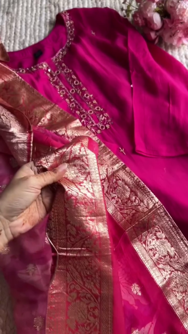 Fuchsia Pink Silk Kurta Set with Mirror Work & Banarasi Dupatta – Regal Traditional Attire with Golden Zari Detailing - Image 2