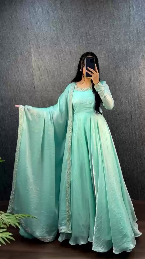 Elegant Flared Anarkali Gown Set with Embellished Dupatta – Available in Soothing Aqua Blue and Regal Lavender Shades – Perfect for Festive, Party & Wedding Occasions