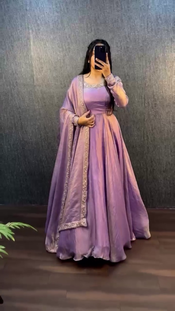 Elegant Flared Anarkali Gown Set with Embellished Dupatta – Available in Soothing Aqua Blue and Regal Lavender Shades – Perfect for Festive, Party & Wedding Occasions - Image 2