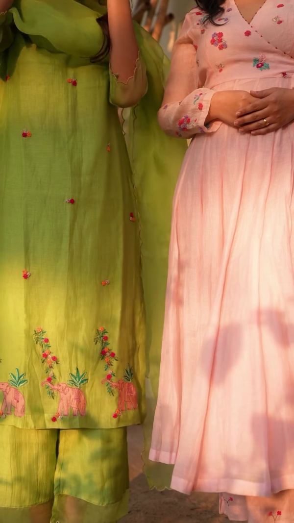 Graceful Lime Green Organza Kurta Set with Delicate Floral Embroidery and Scalloped Edges – A Breezy and Elegant Choice for Summer Festivities and Daytime Celebrations - Image 2