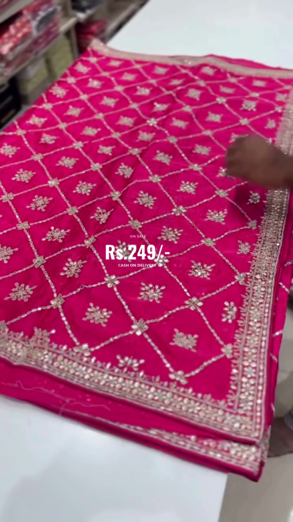 Hot Pink Embroidered Saree with Golden Threadwork & Mirror Accents – Elegant Geometric Floral Motifs & Designer Border – Ideal for Weddings & Festive Glam