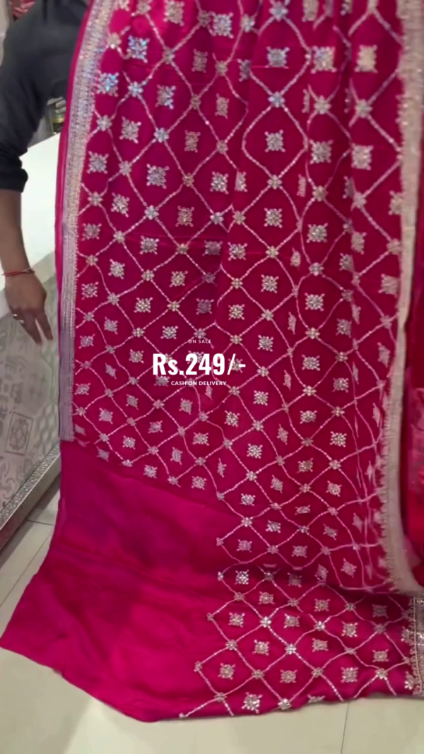 Hot Pink Embroidered Saree with Golden Threadwork & Mirror Accents – Elegant Geometric Floral Motifs & Designer Border – Ideal for Weddings & Festive Glam - Image 2